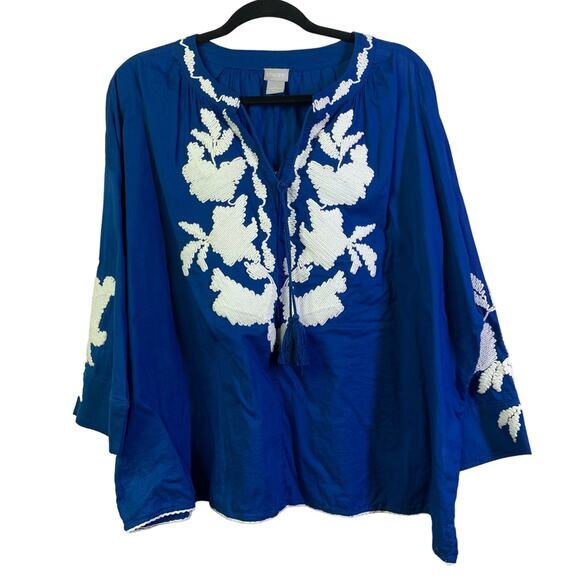 Chico's Tops - CHICO'S Blouse Embroidered Three-Quarter Sleeve Tassel Tie Neck Peasant Boho Top